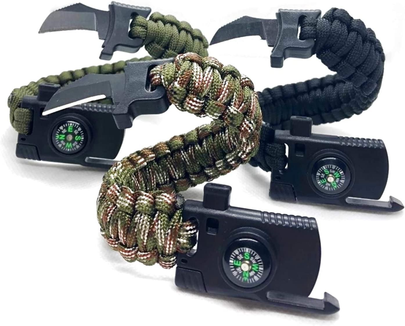 Ausverkauf: Multifunktionales Notfall-Armband mit Messer, Signalpfeife, Kompass und Feuerstein - Survival-Armband - Notarmband - Notorientierung/Notfeuer - Outdoor-Armband - schwarz