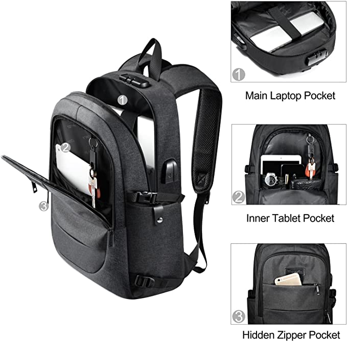 Ausverkauf: Laptop Rucksack Herren Wasserbeständig Anti-Diebstahl Schule Uni Rucksack mit USB-Lade-Anschluss und Schloss 14/ 15,6-Zoll-Laptop-Tasche für Damen Jungen Freizeit Arbeit Reisen Backpack Schwarz
