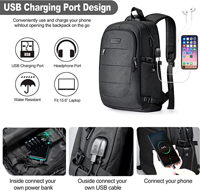 Ausverkauf: Laptop Rucksack Herren Wasserbeständig Anti-Diebstahl Schule Uni Rucksack mit USB-Lade-Anschluss und Schloss 14/ 15,6-Zoll-Laptop-Tasche für Damen Jungen Freizeit Arbeit Reisen Backpack Schwarz
