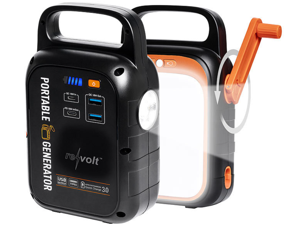 Ausverkauf; Revolt: Kurbel-Powerbank und Taschenlampe - Notstrom - Dynamo-Powerstation - 18 W - 22,5 Ah - Quick Charge - Power Delivery - Notpowerbank - Notlicht/Notlampe - Notstromvorsorge/Stromvorsorge