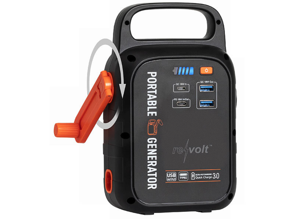 Ausverkauf; Revolt: Kurbel-Powerbank und Taschenlampe - Notstrom - Dynamo-Powerstation - 18 W - 22,5 Ah - Quick Charge - Power Delivery - Notpowerbank - Notlicht/Notlampe - Notstromvorsorge/Stromvorsorge