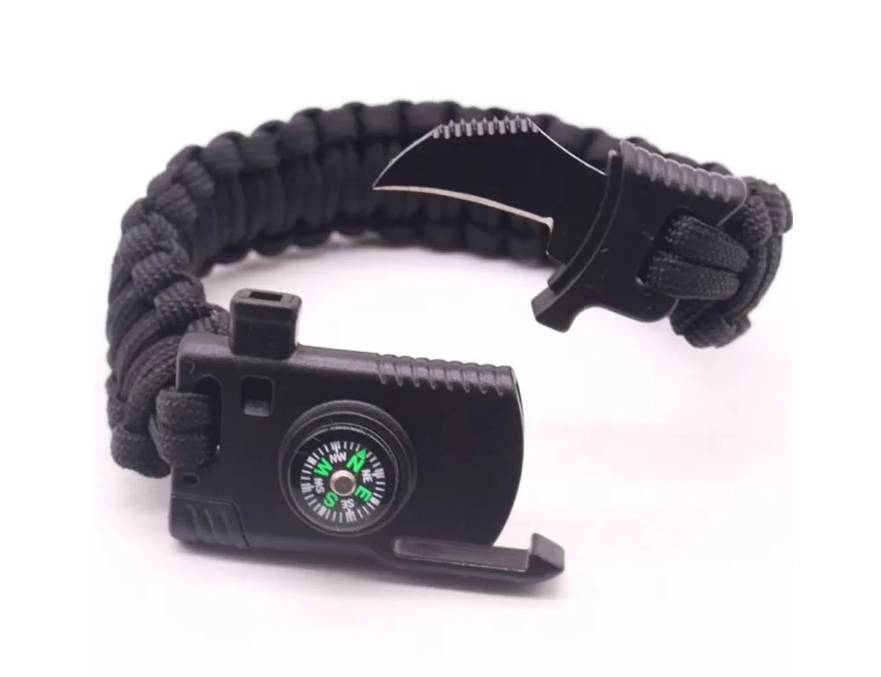Ausverkauf: Multifunktionales Notfall-Armband mit Messer, Signalpfeife, Kompass und Feuerstein - Survival-Armband - Notarmband - Notorientierung/Notfeuer - Outdoor-Armband - schwarz