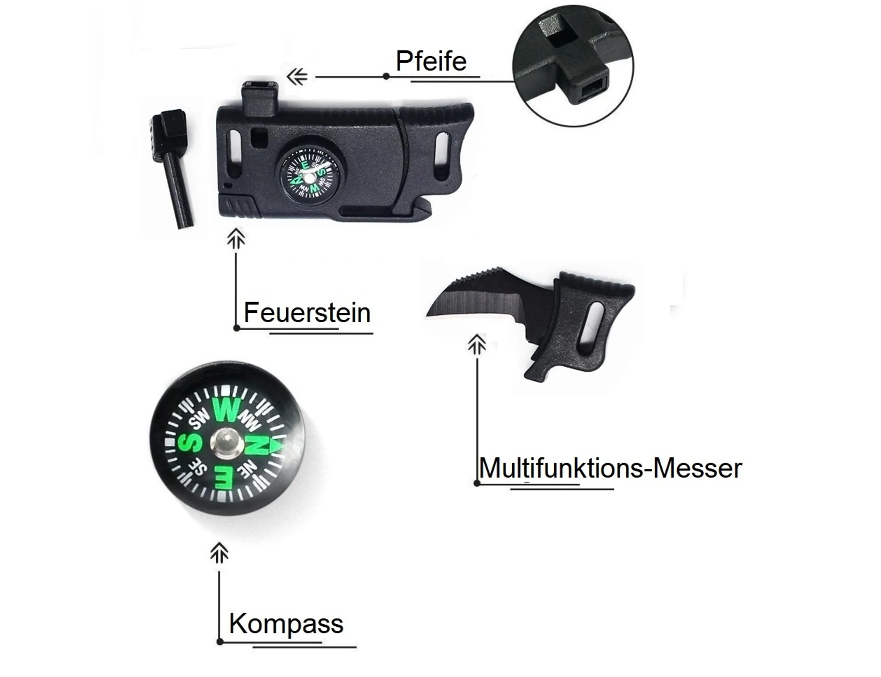 Ausverkauf: Multifunktionales Notfall-Armband mit Messer, Signalpfeife, Kompass und Feuerstein - Survival-Armband - Notarmband - Notorientierung/Notfeuer - Outdoor-Armband - schwarz