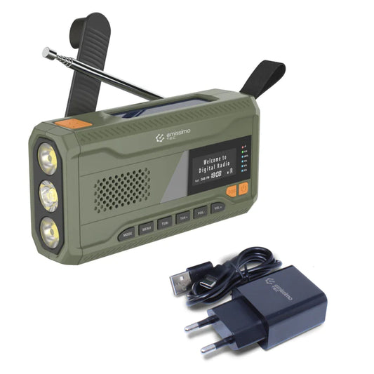Mini radio awaryjne ACE z DAB+, korbką i energią słoneczną, powerbankiem, latarką i złączem USB-C