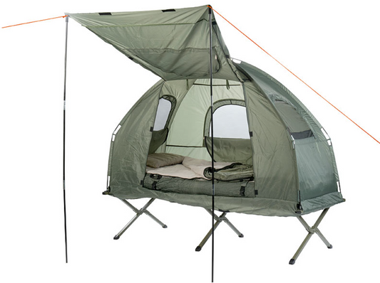 Namiot 4 w 1 z łóżkiem polowym, śpiworem zimowym, materacem i osłoną przeciwsłoneczną - środki ratunkowe - namiot ratunkowy - sprzęt kempingowy / kempingowy