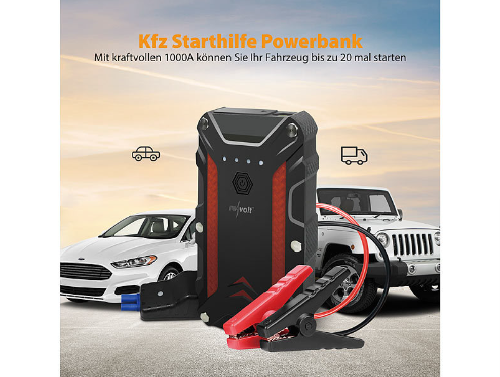 2 in 1 : Powerbank und Kfz-Starthilfe - 12 Ah - 1.200 A - Powerstation - Notstrom - Notstarter - Autostarter - Autostarthilfe - Starthelfer - Notstarthelfer - Autostark - Notstromversorgung