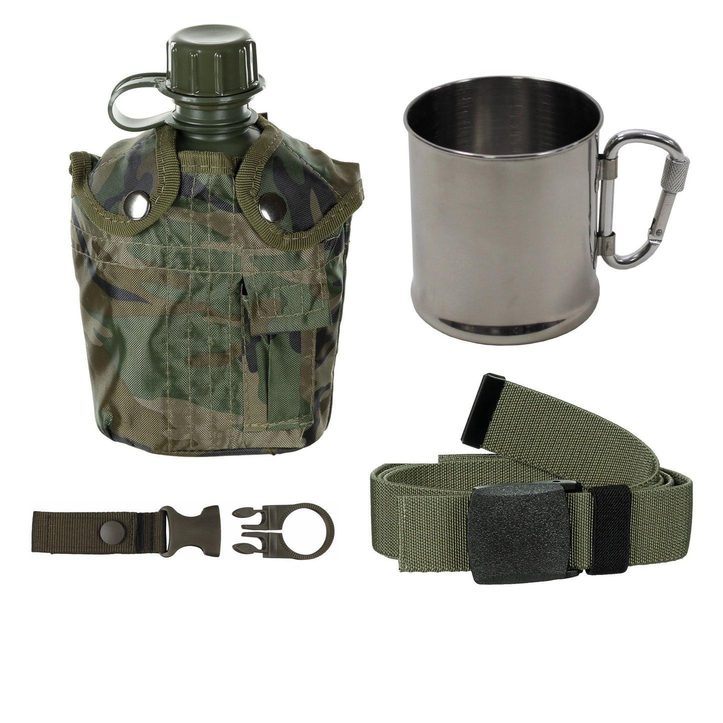 Wander-Set 1L Feldflasche, Edelstahltasse mit Karabiner, taktischer Gürtel und Flaschenhalter